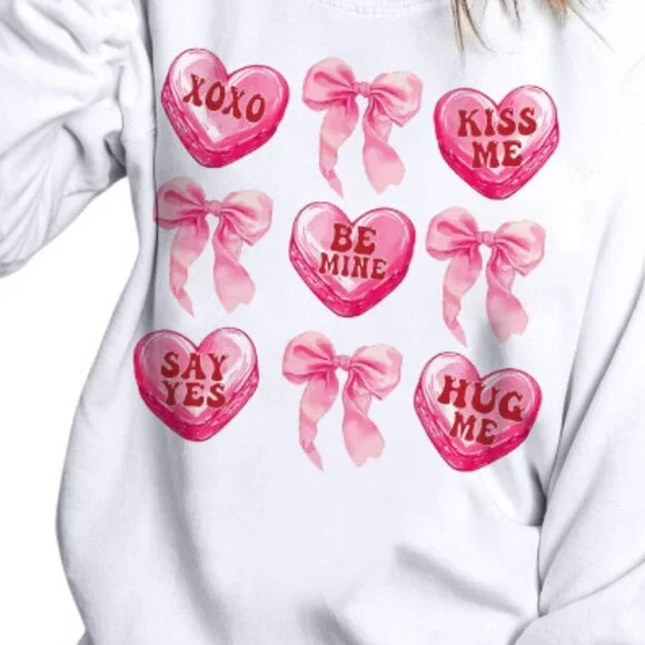 Candy Hearts & Pretty Bows White & Pastels Cotton Sweatshirt - Picture 3 of 8